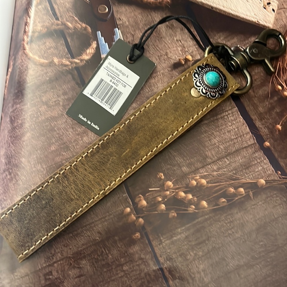 Myra leather key fob with turquoise stone, handmade